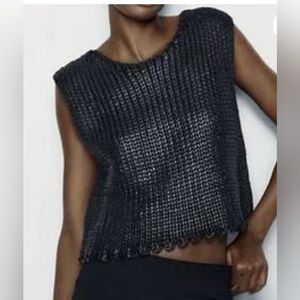 Zara chunky knit black foil sleeveless cropped top Size M